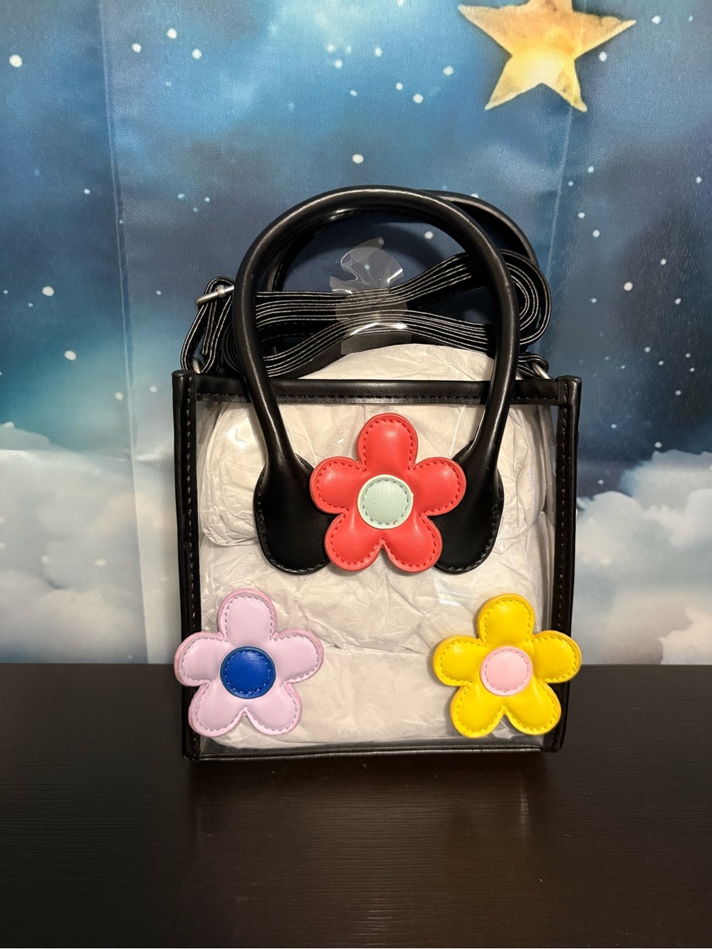 Art Class Black & Clear jelly mini crossbody bag with colorful flowers. NWT